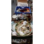 Three boxes of mixed ceramics to include Wedgwood jasperware, figurines, vases, glassware large bowl