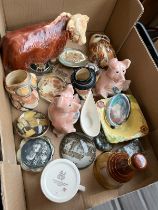 A box of mixed ceramics & glass to include Melba ware bull, Royal Doulton Character jugs, Natwest...