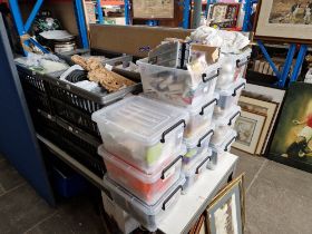 A large quantity of assorted crafting items comprising 8 large crates and 11 smaller plastic boxes