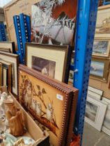 A mixed lot comprising two leather pictures by Cundill Cottage Crafts and an inlaid Chinese plaque.