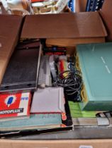 A box of cameras and photography equipment including compact cameras, 8mm film, slides,