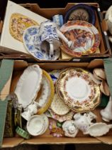 Two boxes of various ceramics to include Wedgwood, Susie Cooper, Elizabethan, Wade, blue and