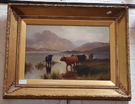 Henry Robinson Hall (British, 1859-1927), oil on canvas, highland scene with cattle watering, 44.5cm