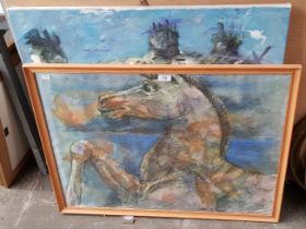 Two 20th century school original works, a pastel of a horse indistinctly signed & an oil on canvas