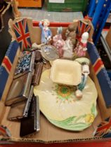 A box of assorted collectables to include Willow Tree, Royal Doulton figures, Carltonware dish,