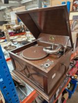 A vintage HMV 104 oak table top gramophone