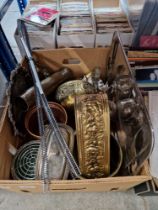 A box of metalware including WW1 trench art shell, brassware, silver plate, etc.