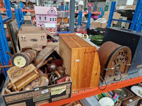 A box of treen together with a wooden bread bin, a radio and a record deck.