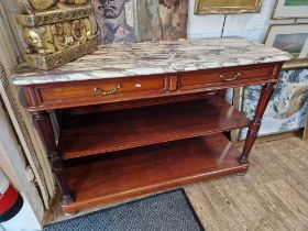 A pair of 19th century mahogany and marble top buffet/serving tables, height 99cm and width 150cm (