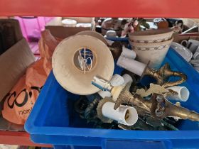 A box containing 9 brass wall light fittings/sconces with shades.