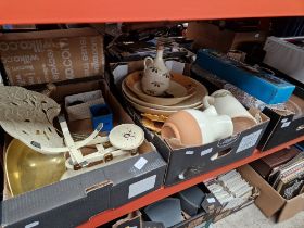 2 boxes of assorted vintage kitchenware/pottery & a box of assorted glassware to include scales,