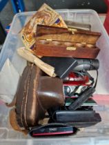 A box of collectables including binoculars, intelligent speech translator, WW1 Christmas tin,