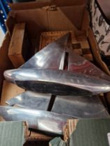 A mixed lot comprising two aluminium sailing boats, travel chess set & Lotto game.