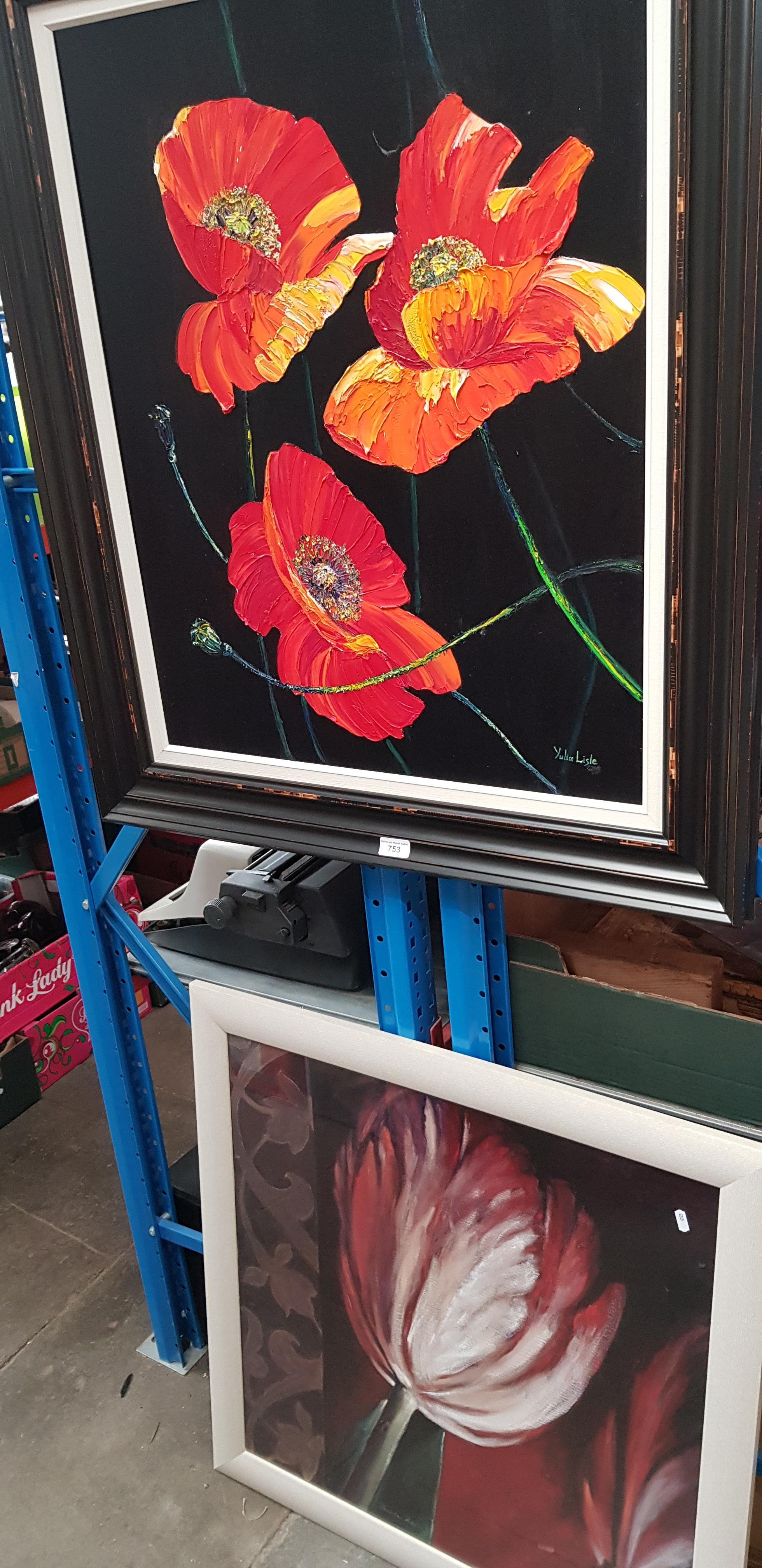 Two original works; still life of poppies, oil on canvas, signed Yulia Lisle and an oil on board,