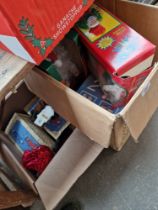 Two boxes of various toys to include puppets, etc.