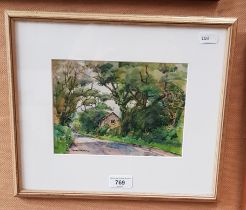 Stewart Lowdon (Scottish b.1932), watercolour, 'Ash tree sycamores and a stone barn', 21cm x 15cm,