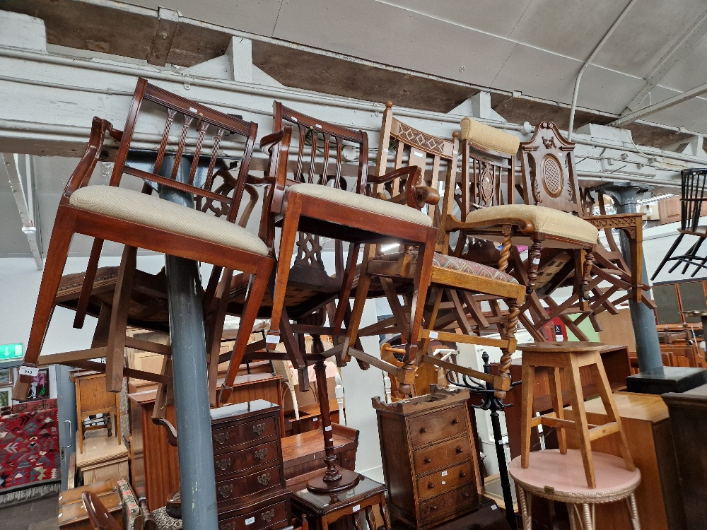 Five various chairs including armchairs, inlaid rosewood bedroom chair and an oak hall chair.