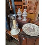 A mixed lot of decorative items; candle stand with glass shade, large ceramic bowl, pair of urns,