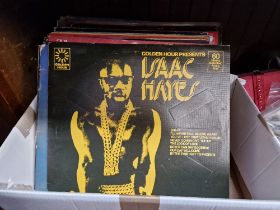 A box of soul and disco LPs including Isaac Hayes, Donna Summer, etc.