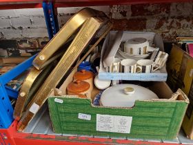 Two boxes of assorted items including Midwinter pottery, etc. together with a triple mirror.