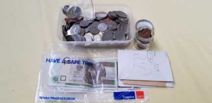 Tub and small jar of various coins