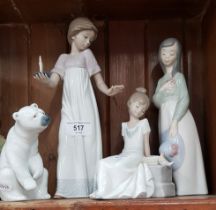 Three Nao figurines and Lladro polar bear figurine.