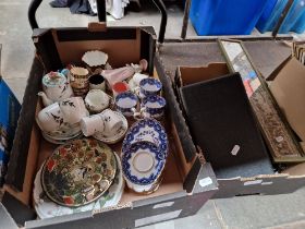 A mixed lot of assorted items including a Chinese embroidery, brass ware, a pair of binoculars,