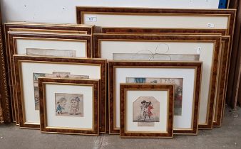 Various 19th century hand coloured comical etchings and caricatures, all framed and glazed.