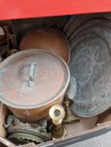 A box of metal ware to include brass, copper, etc.