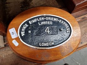 A railway plate / plaque - Venice Simplon-Orient-Express Limited London, number 4.