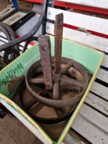 A pair of cast iron railway truck wheels.