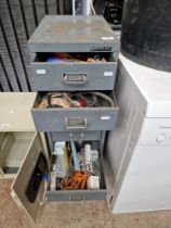 A set of Bisley metal filing drawers containing various tools, etc.