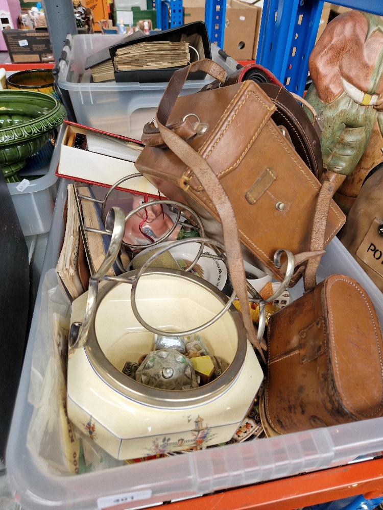 A box of assorted collectables to include 2 pairs of binoculars, an Avometer, Wade Natwest pigs, 2 x