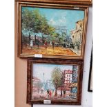 Two 20th century oil on boards, parisian street scenes, one after Burnett, the other signed PG