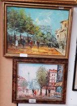 Two 20th century oil on boards, parisian street scenes, one after Burnett, the other signed PG