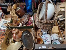 3 boxes of mixed pottery, metal ware, wicker basket, etc.