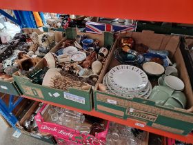 3 boxes of miscellaneous pottery items, cups, plates, ornaments, some treen, etc.