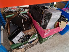 4 boxes of misc. to include electric drills, Uher 4400 cassette deck, car radio, HP laptop ( AF ), a