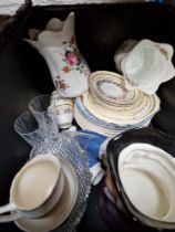 A box of assorted china and glass including a Shorter & Sons toby jug, Wedgwood etc.