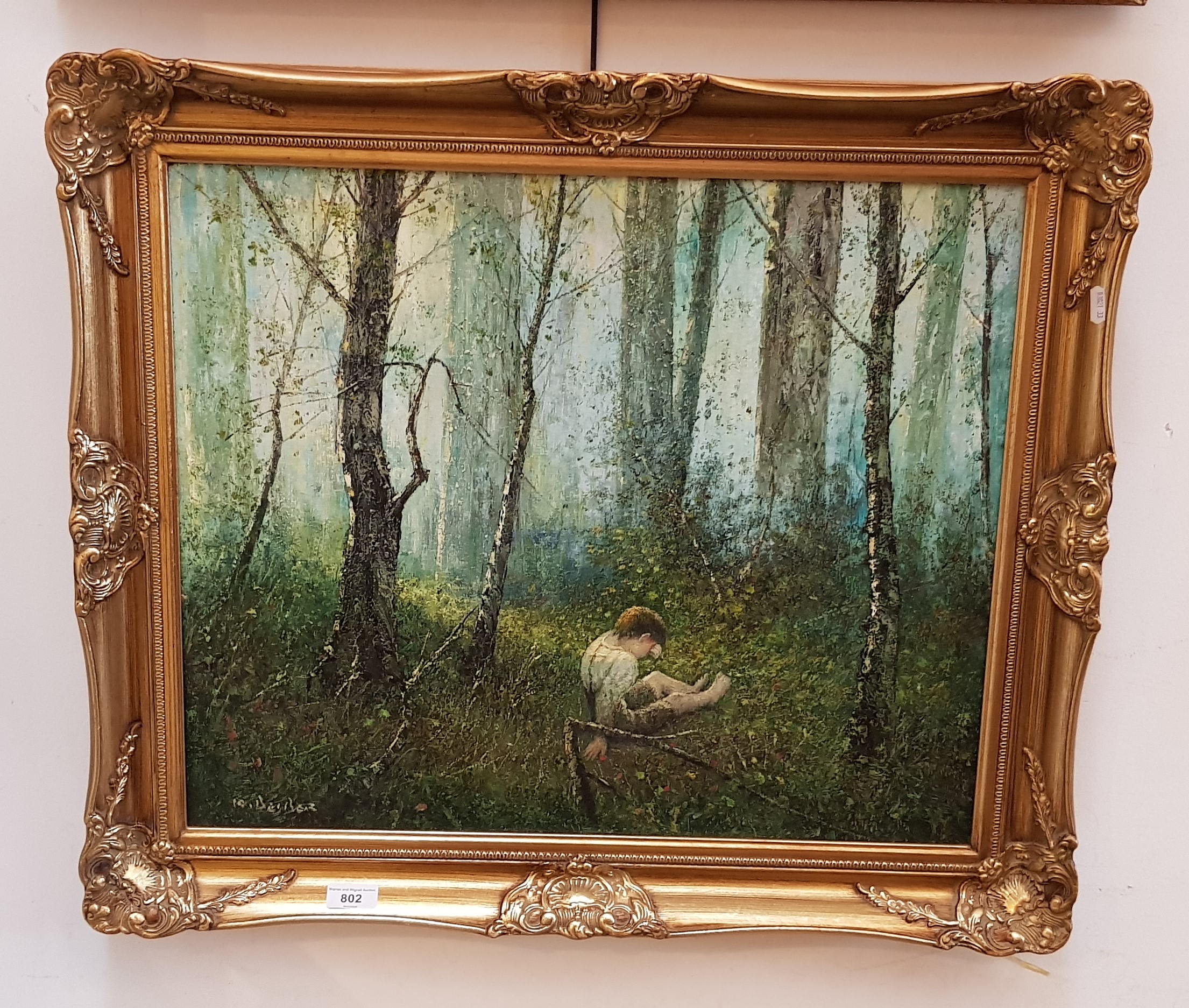 20th century school, oil on canvas, woodland scene with boy to foreground, 59.5cm x 49.5cm,