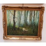 20th century school, oil on canvas, woodland scene with boy to foreground, 59.5cm x 49.5cm,