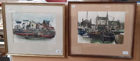 George J Drought (b.1940), pair of watercolour & ink drawings, harbour scenes, both signed