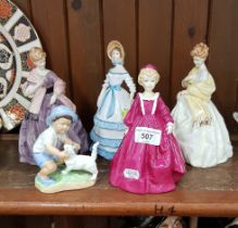 5 figurines by Royal Worcester including ‘September’ 3457, 2 different variations of ‘First Dance’