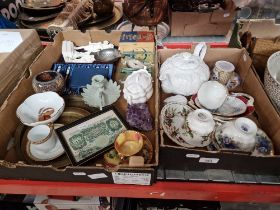 Two boxes of ceramics and collectables including Coalport Country Ware teapot, Royal Albert cups and