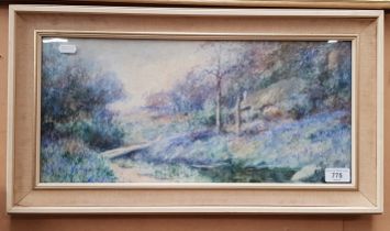 A watercolour, cottage & bluebells, 47.5cm x 22cm, indistinctly signed to lower left, framed and