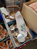 A mixed lot comprising a Carlton Ware dish, a copper kettle and a silver plated tea set.