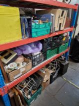 12 boxes of miscellaneous items including pottery, books, joiners toolbox, soft toys, shoe lasts,