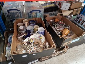 Five boxes of mixed ceramics and metalware including Wedgwood and a stainless tea set.