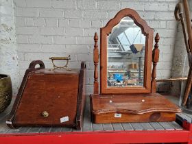 A wooden coal bucket with metal liner together with a pine dressing table mirror with drawer