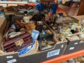 2 boxes of misc oriental wares including jewellery boxes, pottery, figures, synthetic bonsai plant